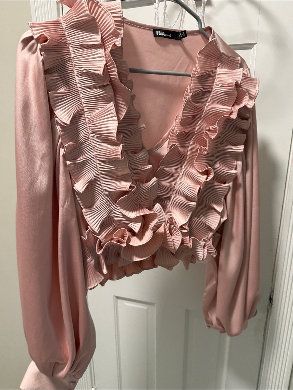 Ina Pleated Ruffle V-Neck Blouse in Blush Pink